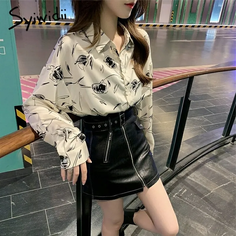 Back to College Joskaa Print Chiffon Shirt Woman Vintage Fashion Tops Long Sleeve Button Up 2024 Fall Fashion Clothes Chiffon Blouse White