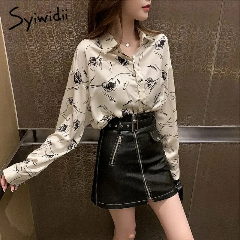 Back to College Joskaa Print Chiffon Shirt Woman Vintage Fashion Tops Long Sleeve Button Up 2024 Fall Fashion Clothes Chiffon Blouse White