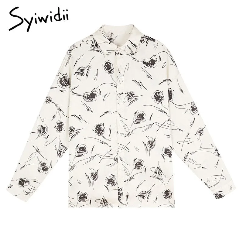 Back to College Joskaa Print Chiffon Shirt Woman Vintage Fashion Tops Long Sleeve Button Up 2024 Fall Fashion Clothes Chiffon Blouse White