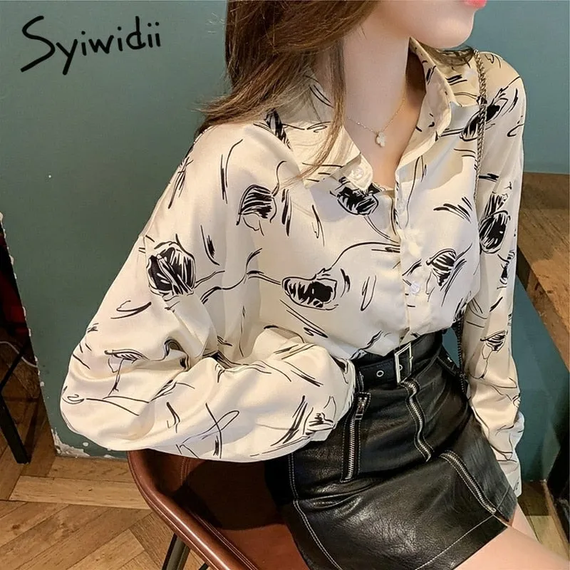 Back to College Joskaa Print Chiffon Shirt Woman Vintage Fashion Tops Long Sleeve Button Up 2024 Fall Fashion Clothes Chiffon Blouse White