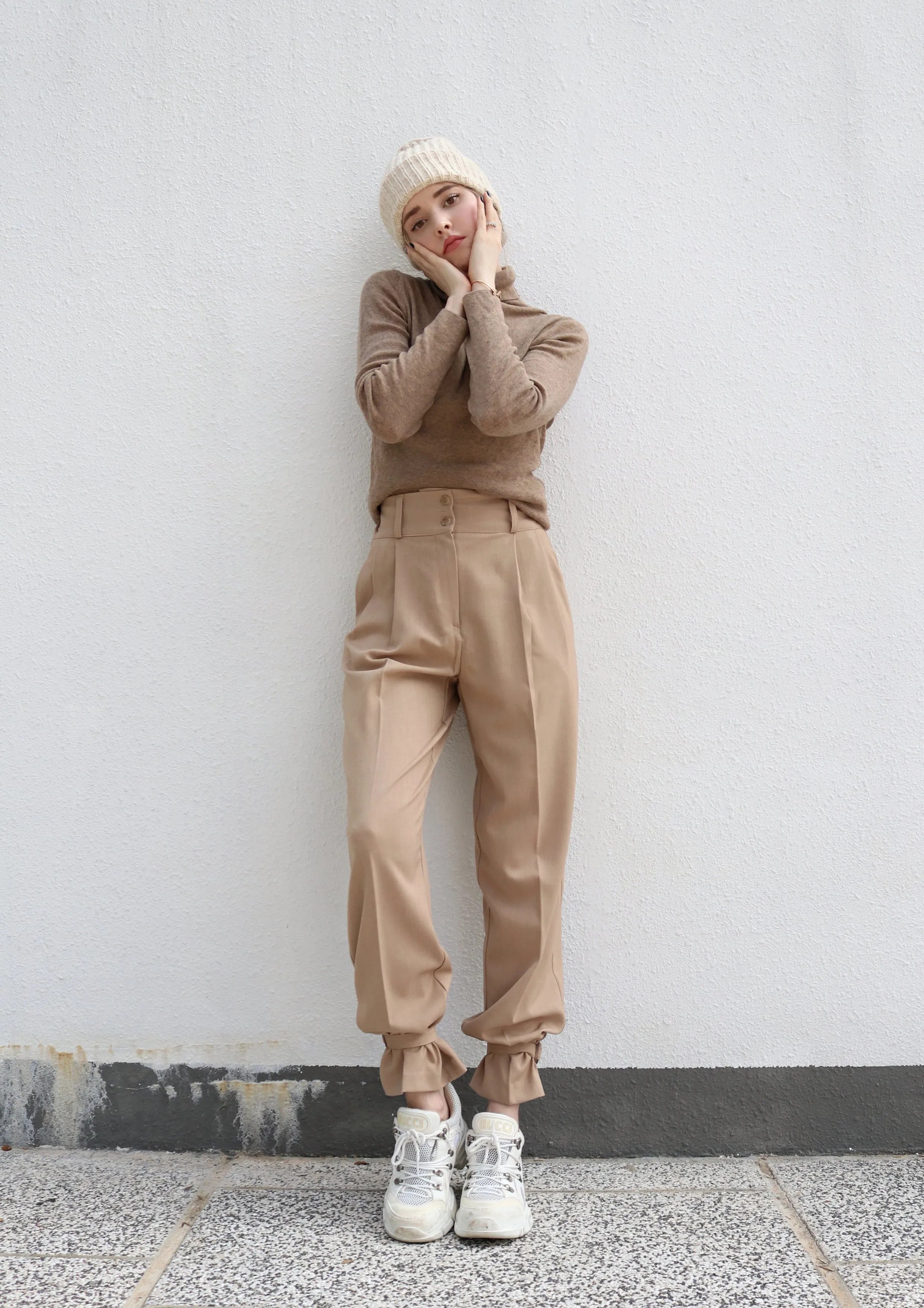 Beige Ankle Strap Pants
