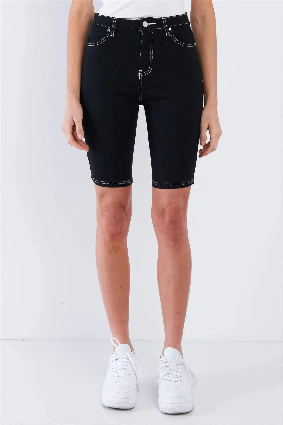 Black & White Contrast Stitch Jean Bermuda Denim Shorts  /3-2-1