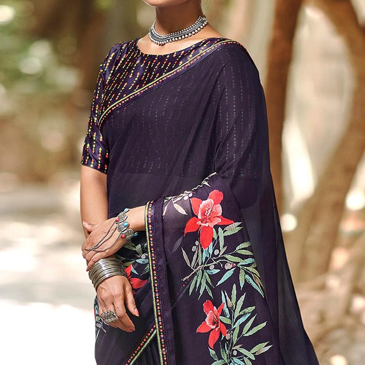 Black Casual Wear Floral Printed Chiffon Saree With Fancy Blouse