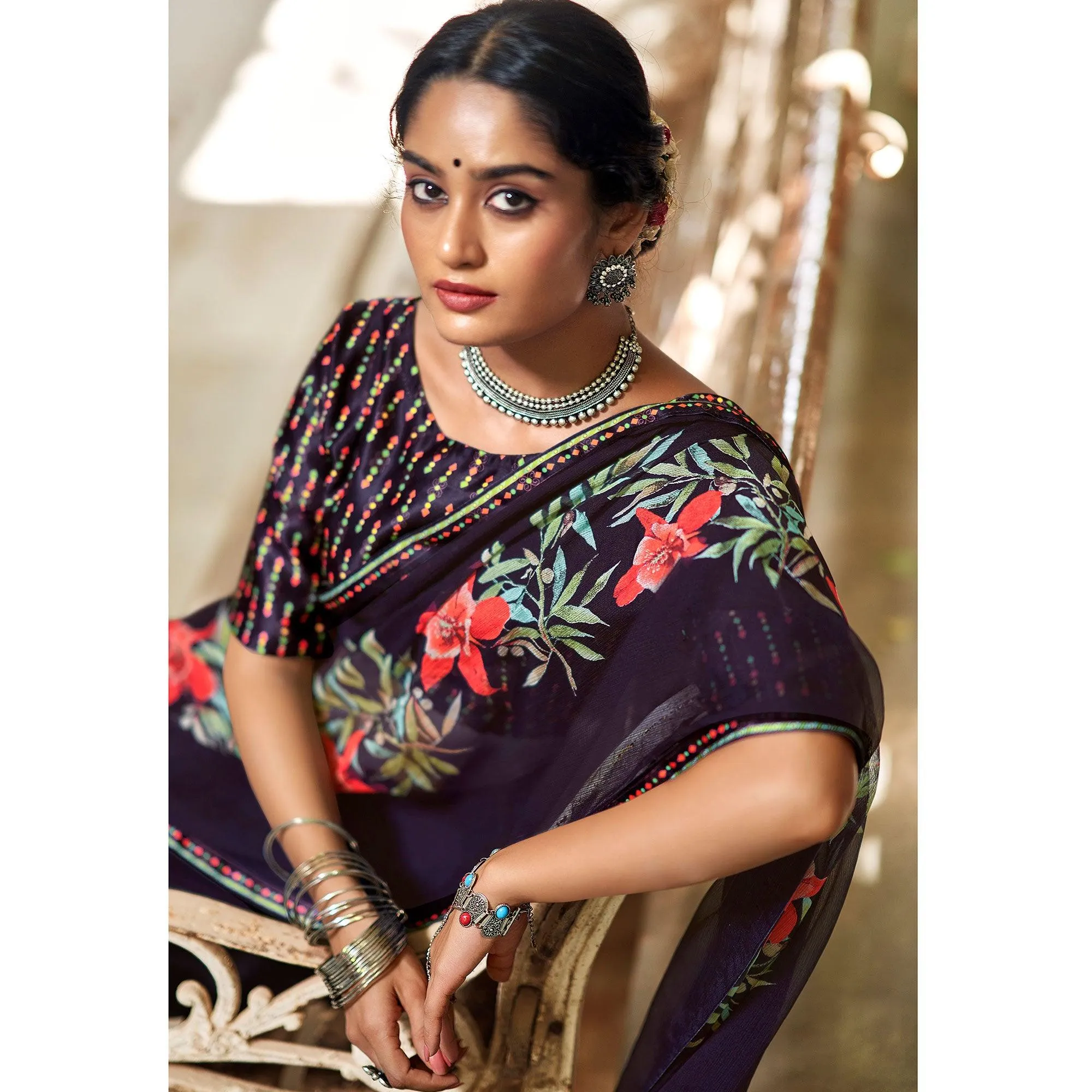 Black Casual Wear Floral Printed Chiffon Saree With Fancy Blouse