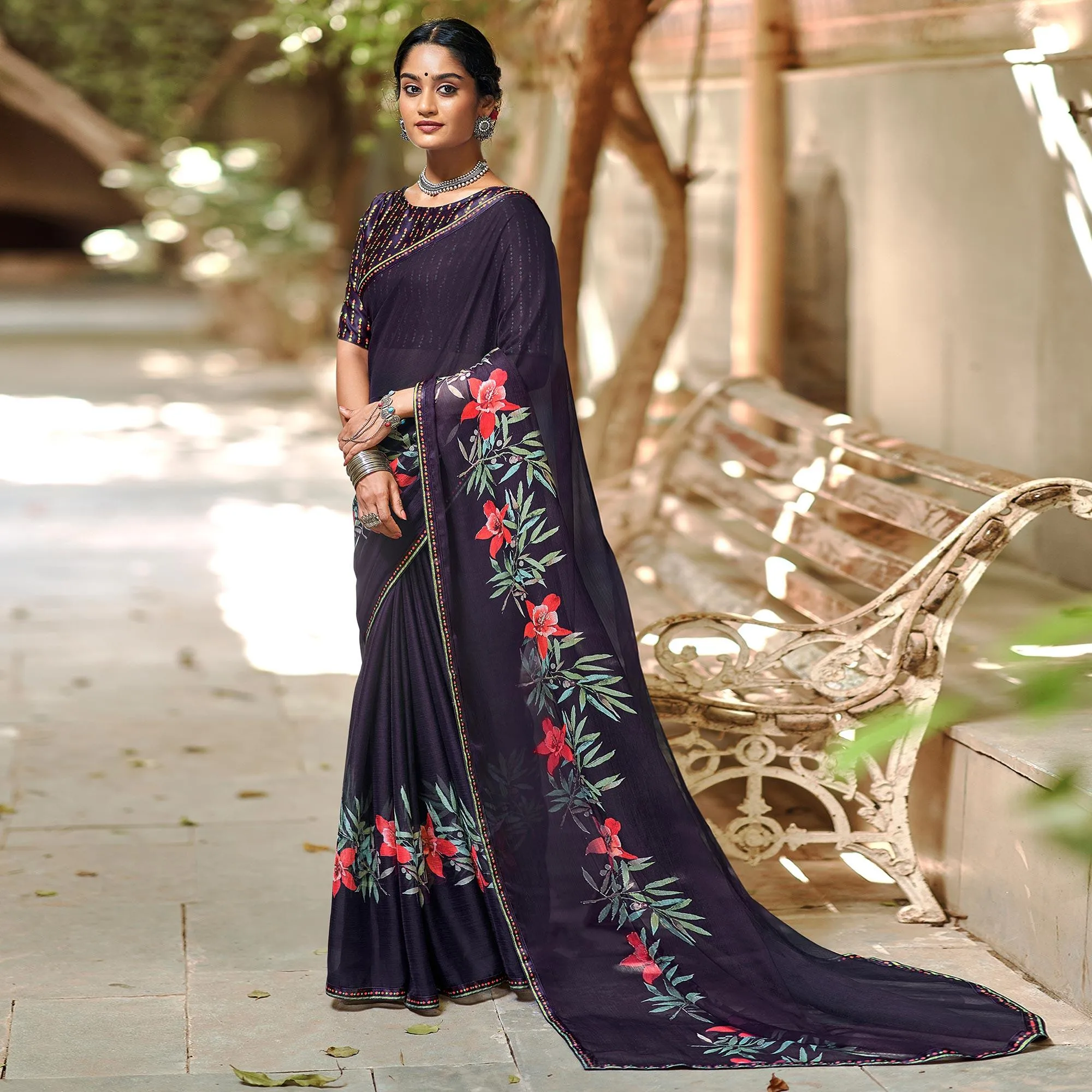 Black Casual Wear Floral Printed Chiffon Saree With Fancy Blouse