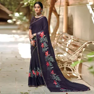 Black Casual Wear Floral Printed Chiffon Saree With Fancy Blouse