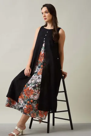 Black Cotton Front Open Dress