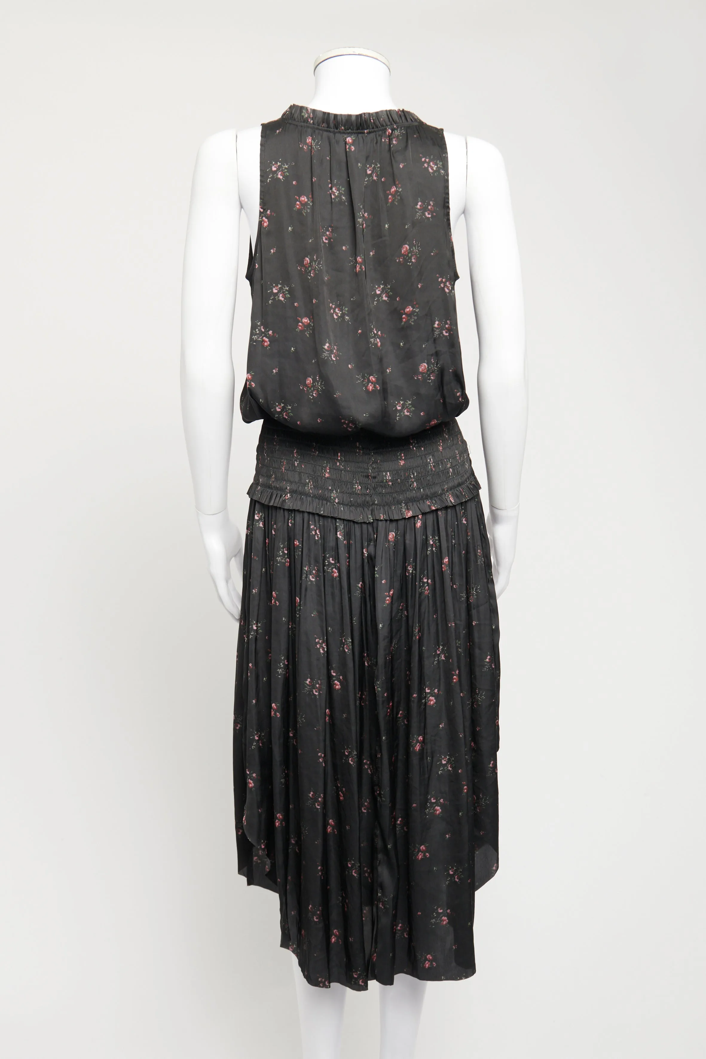 Black Preowned Lucille Tie Neck Floral Dress