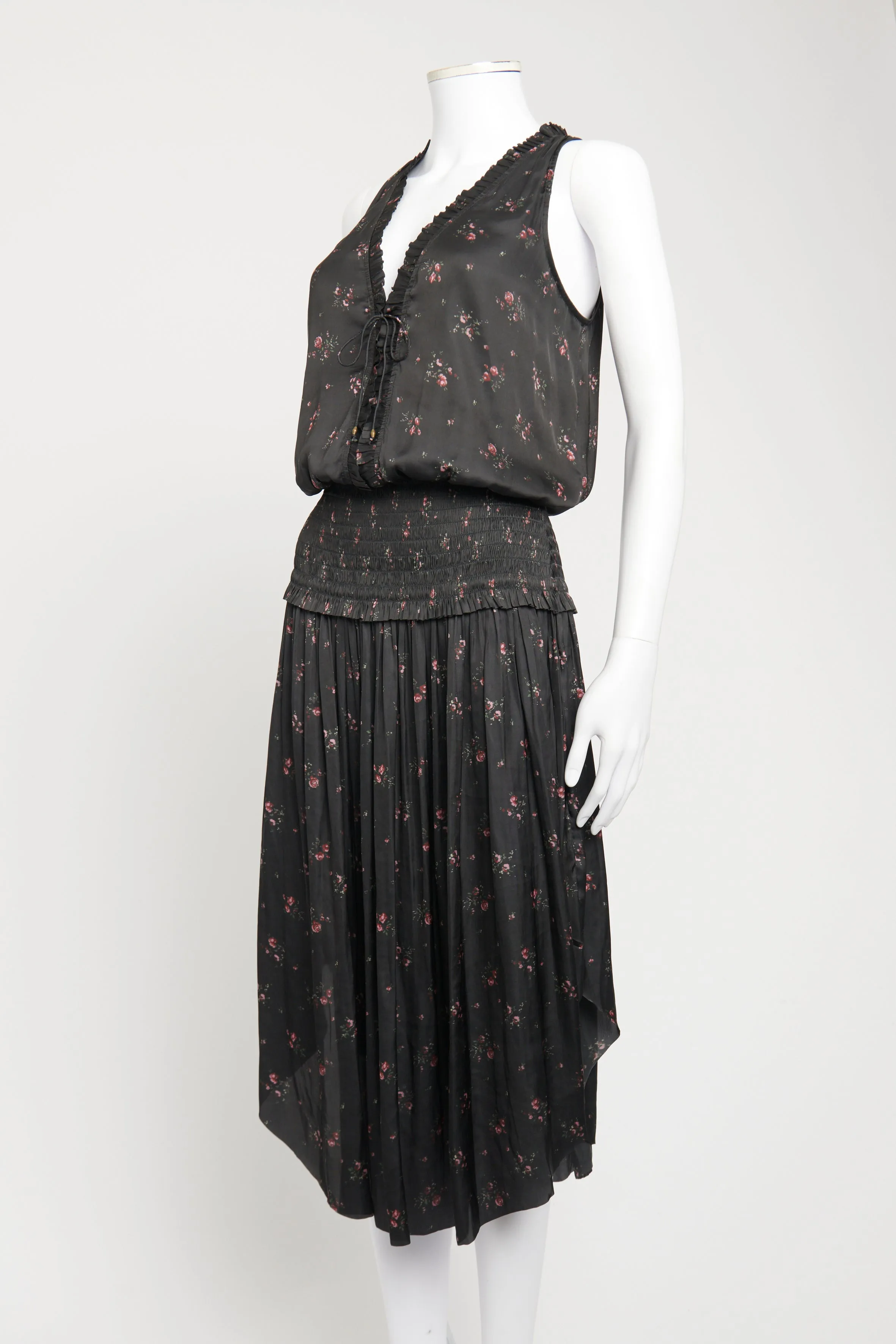 Black Preowned Lucille Tie Neck Floral Dress