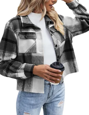 Black White Women Shacket Jacket Plaid Button Down Shirt Fall Coat - Zeagoo