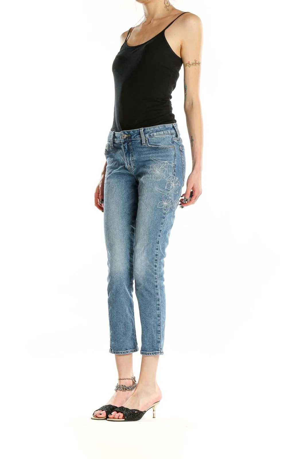 Blue Distressed Cropped Jeans