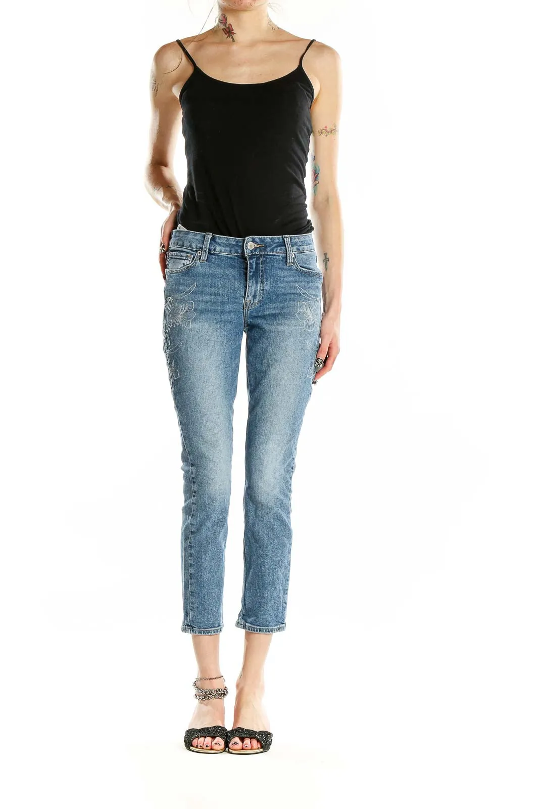 Blue Distressed Cropped Jeans