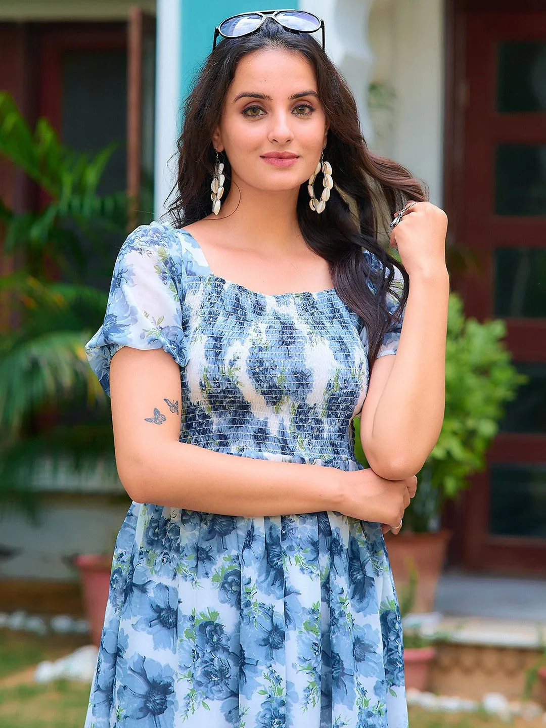 Blue Square Neck Floral Midi Dress