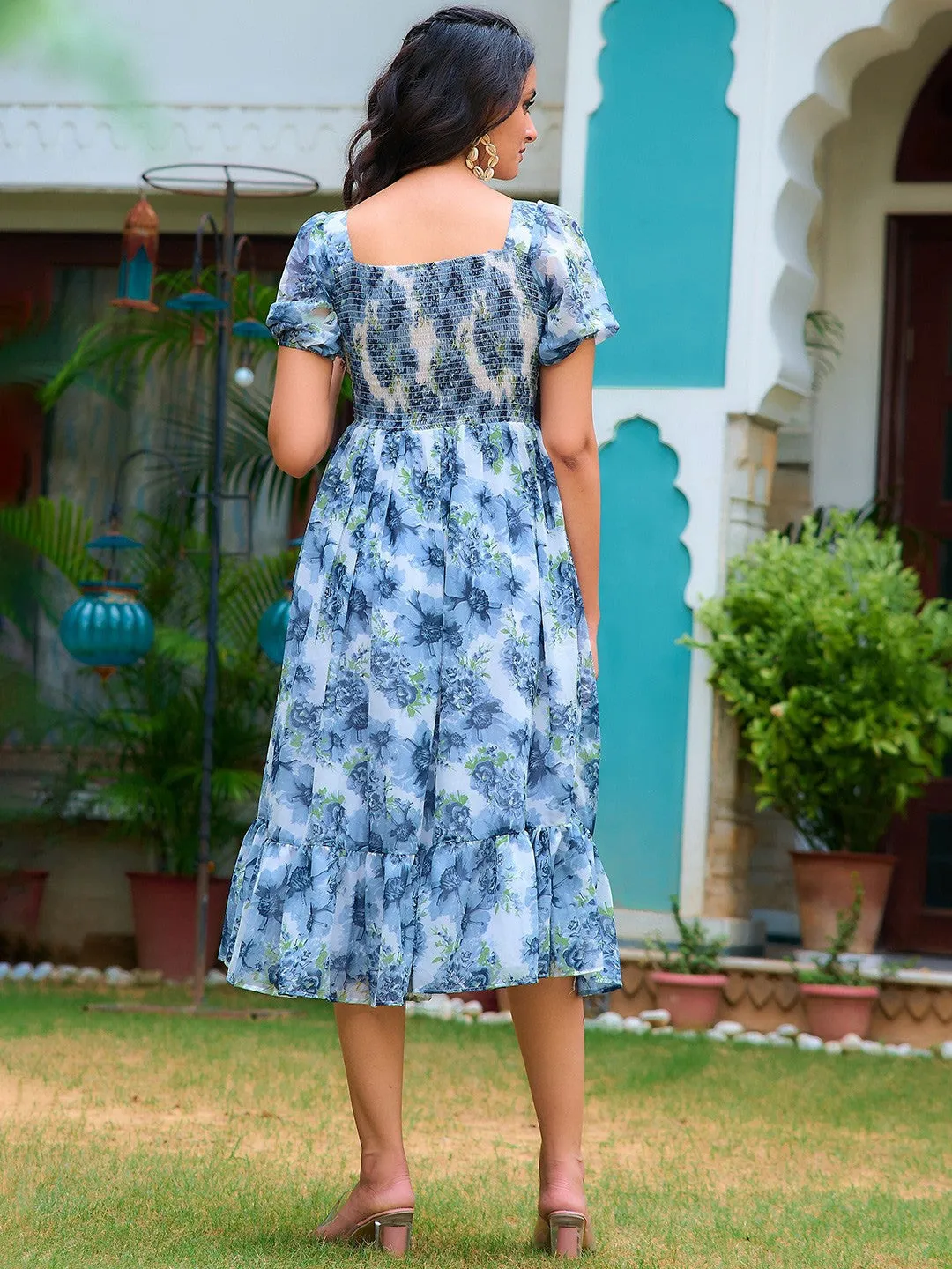 Blue Square Neck Floral Midi Dress