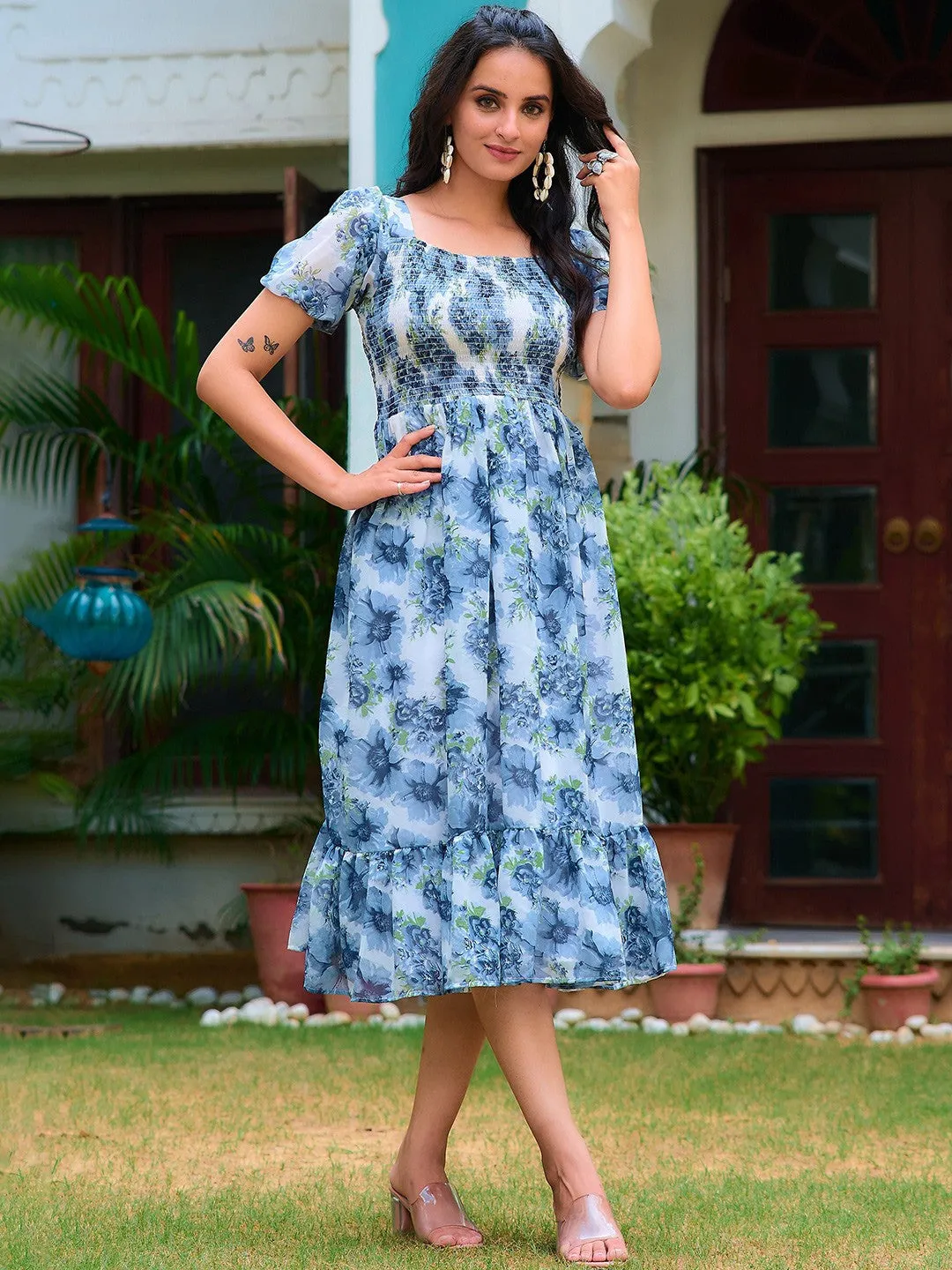 Blue Square Neck Floral Midi Dress