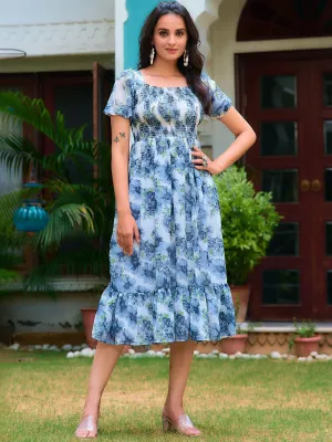 Blue Square Neck Floral Midi Dress