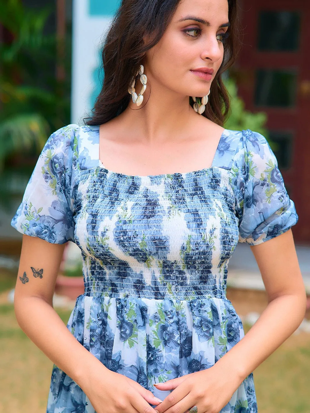 Blue Square Neck Floral Midi Dress