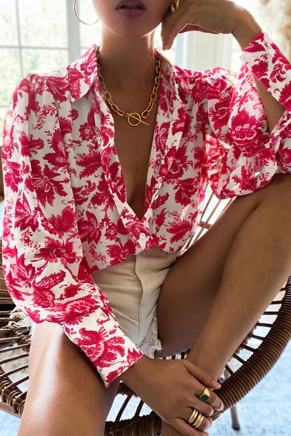 Bohemian Flower Print Collared Neck Lantern Sleeve Shirt
