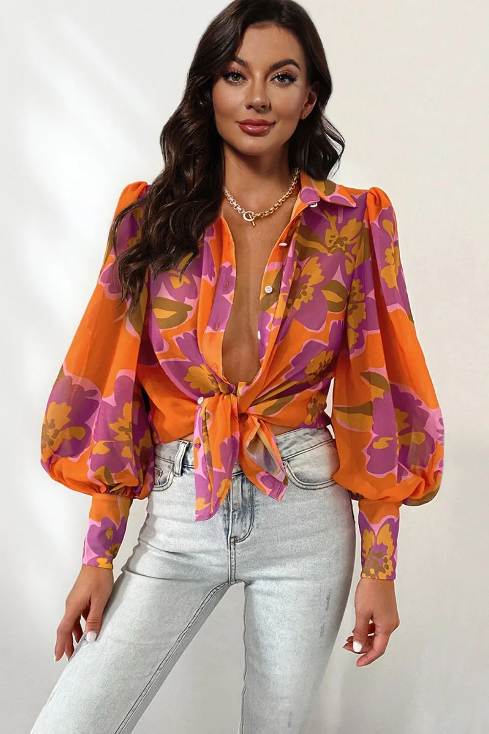 Bohemian Flower Print Collared Neck Lantern Sleeve Shirt