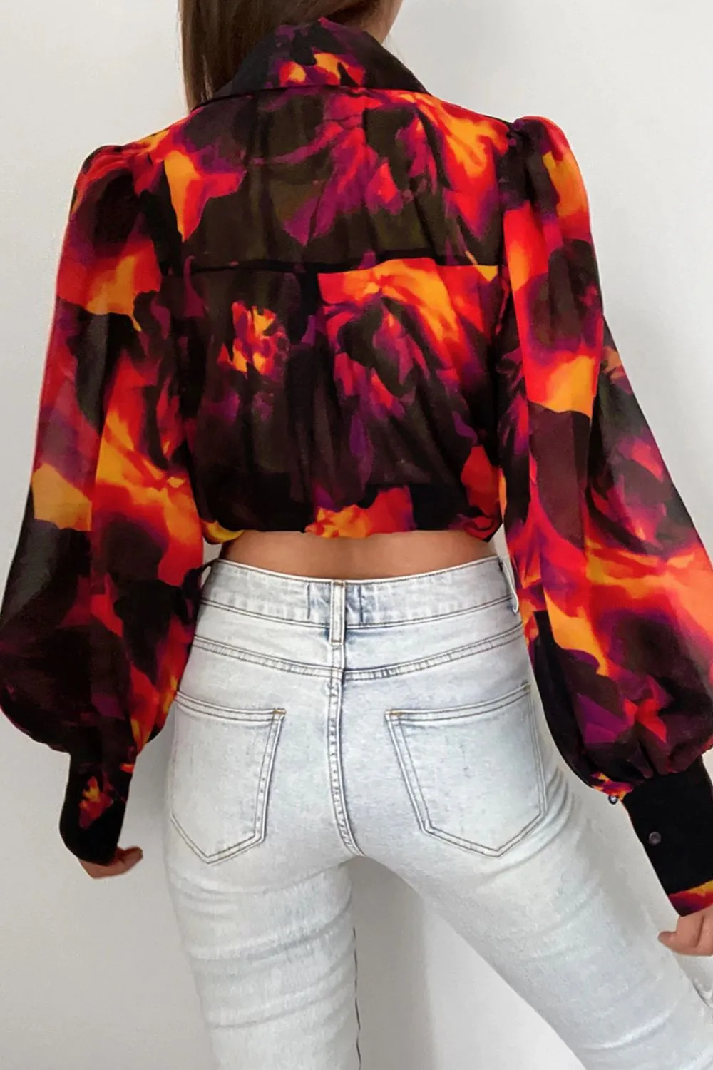 Bohemian Flower Print Collared Neck Lantern Sleeve Shirt