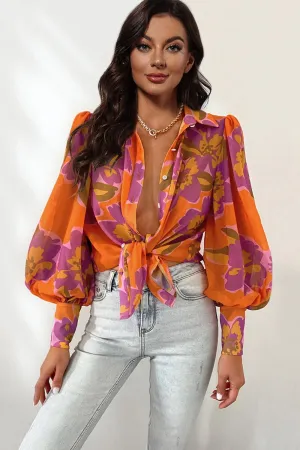 Bohemian Flower Print Collared Neck Lantern Sleeve Shirt