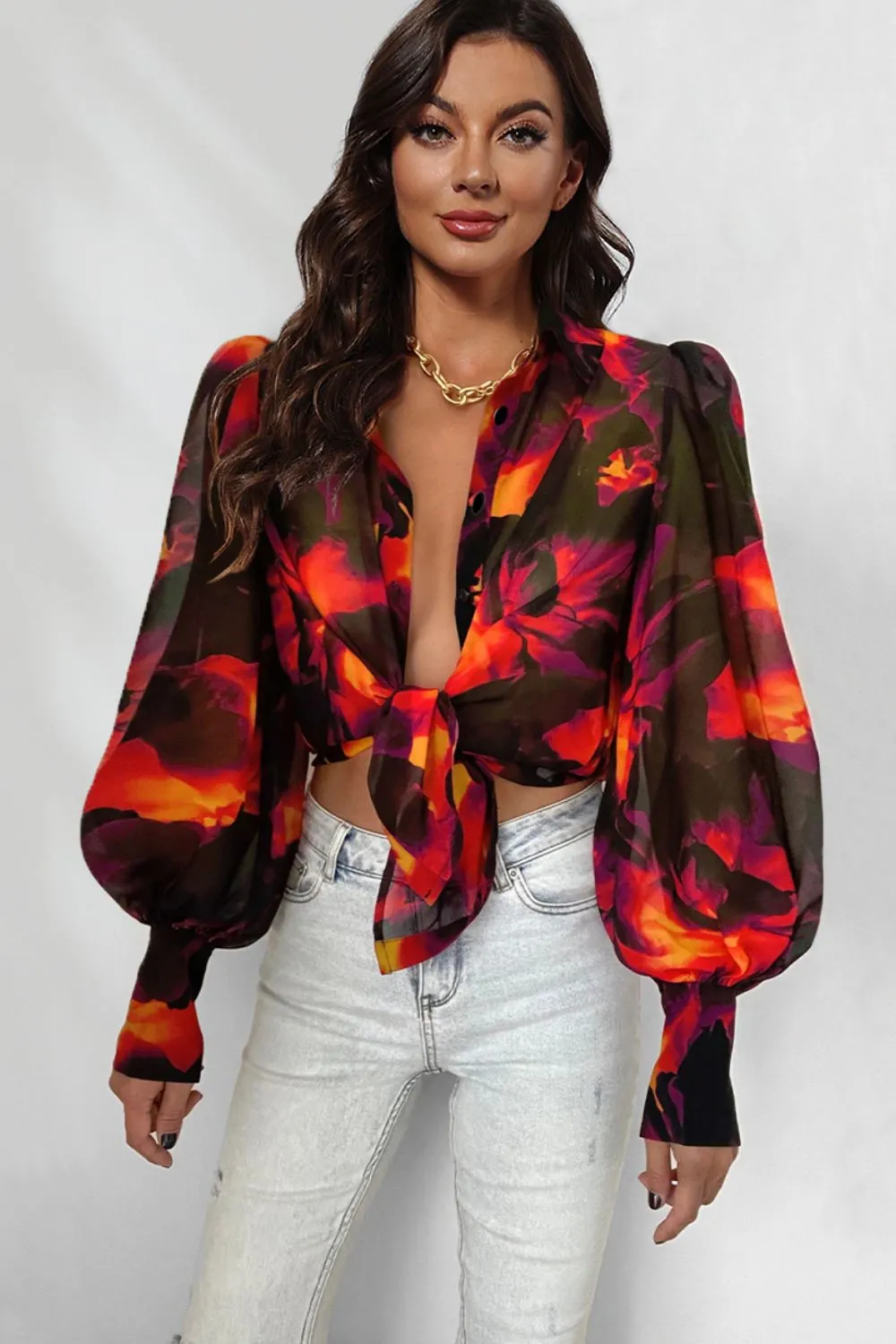 Bohemian Flower Print Collared Neck Lantern Sleeve Shirt