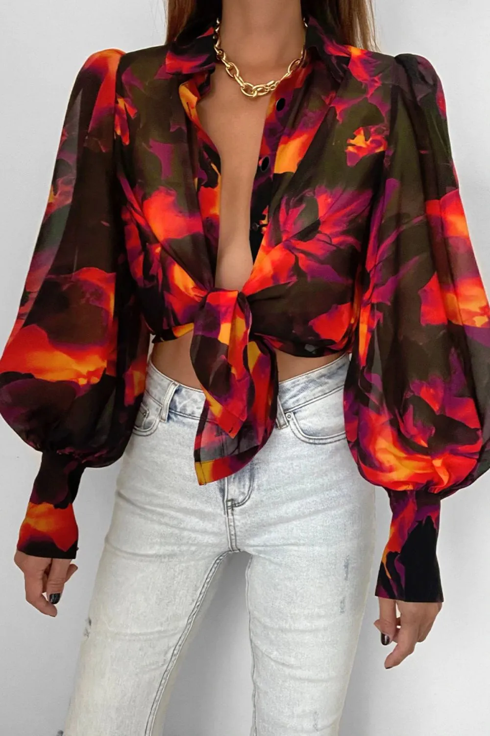 Bohemian Flower Print Collared Neck Lantern Sleeve Shirt