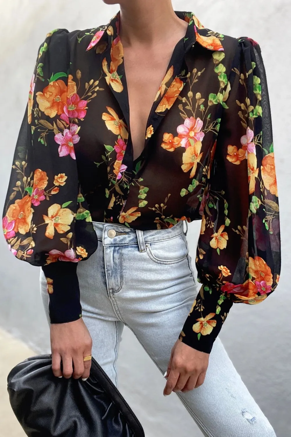 Bohemian Flower Print Collared Neck Lantern Sleeve Shirt