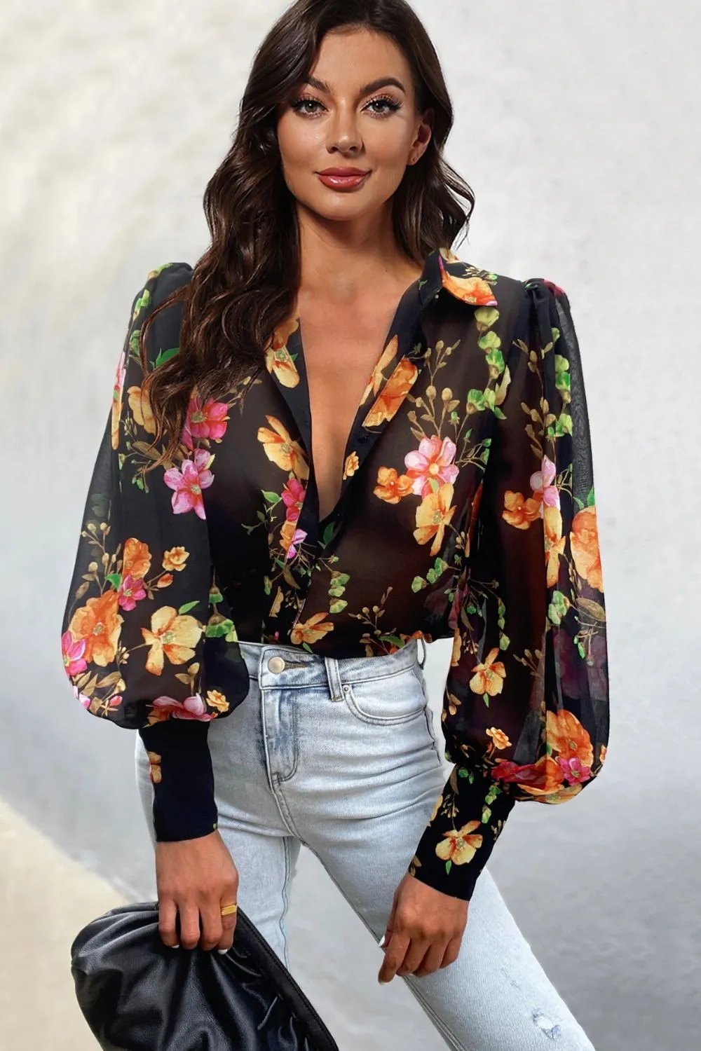Bohemian Flower Print Collared Neck Lantern Sleeve Shirt