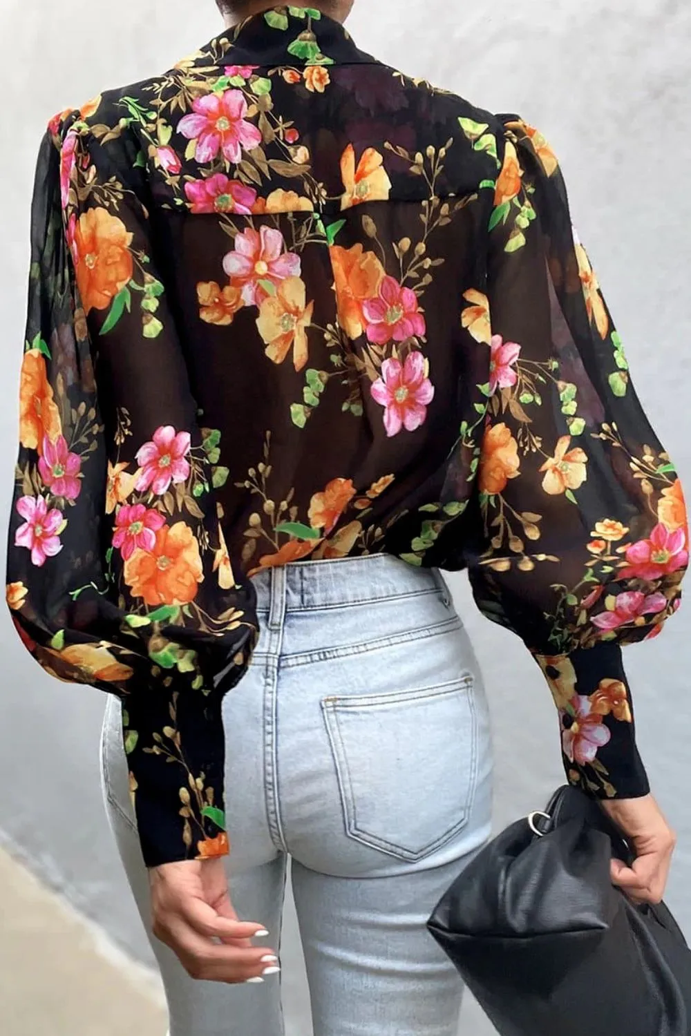 Bohemian Flower Print Collared Neck Lantern Sleeve Shirt