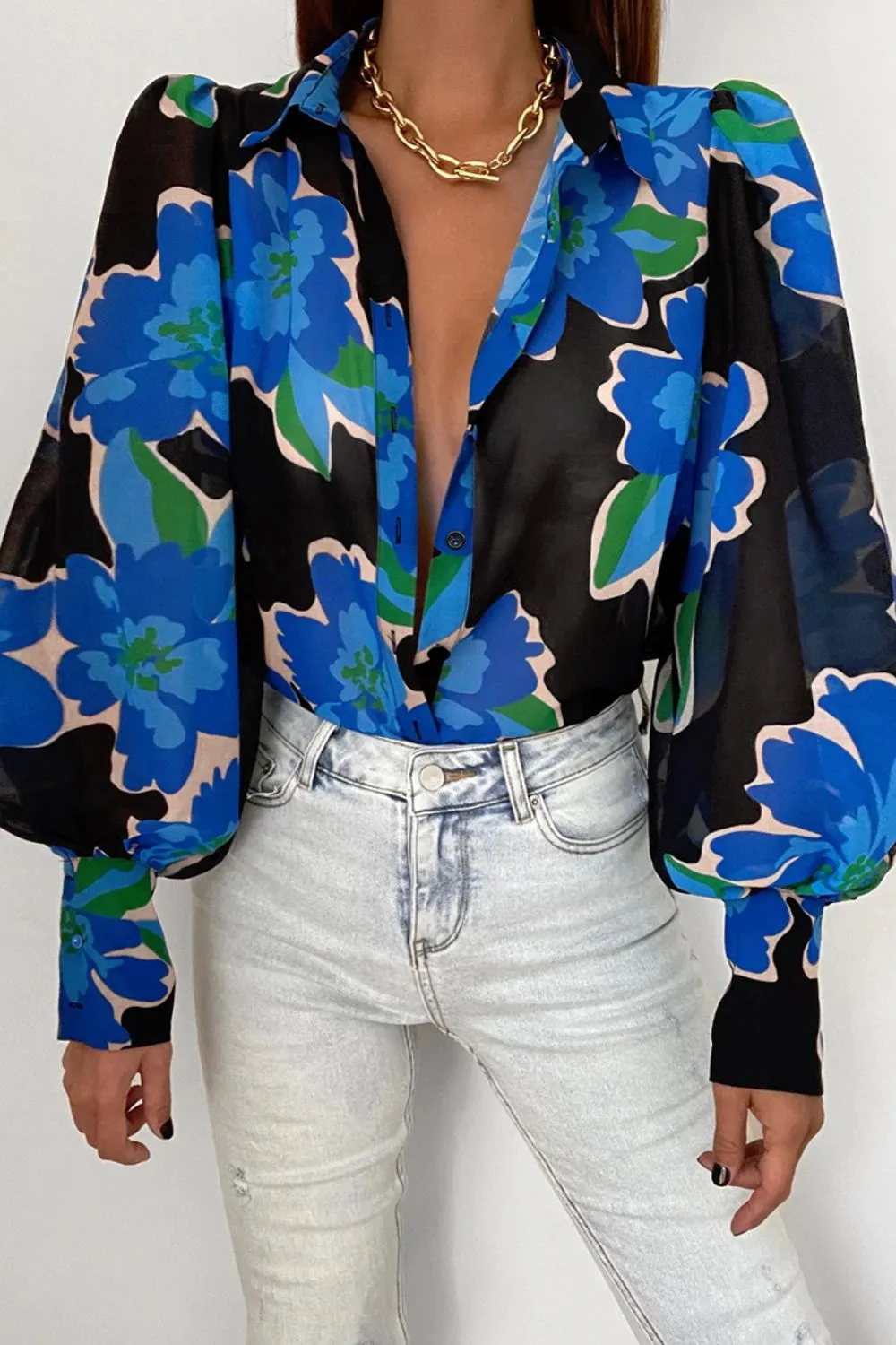 Bohemian Flower Print Collared Neck Lantern Sleeve Shirt