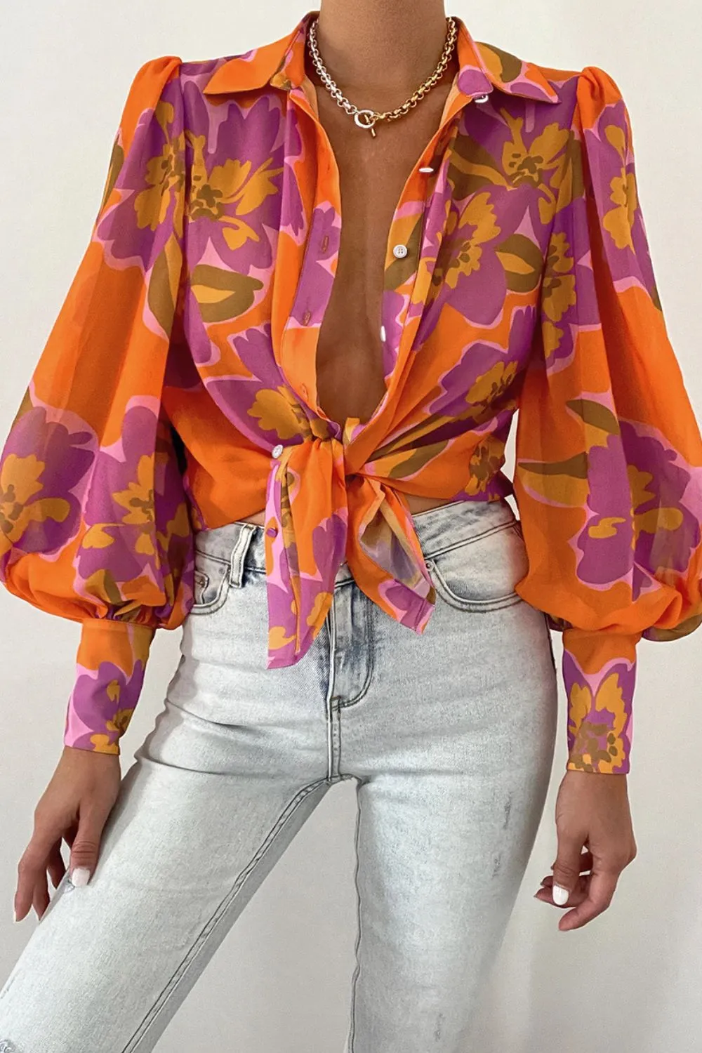 Bohemian Flower Print Collared Neck Lantern Sleeve Shirt