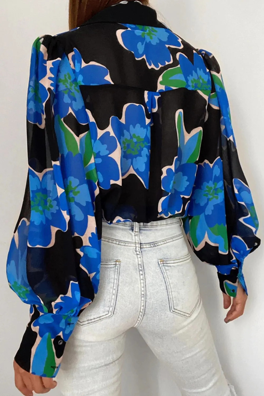 Bohemian Flower Print Collared Neck Lantern Sleeve Shirt