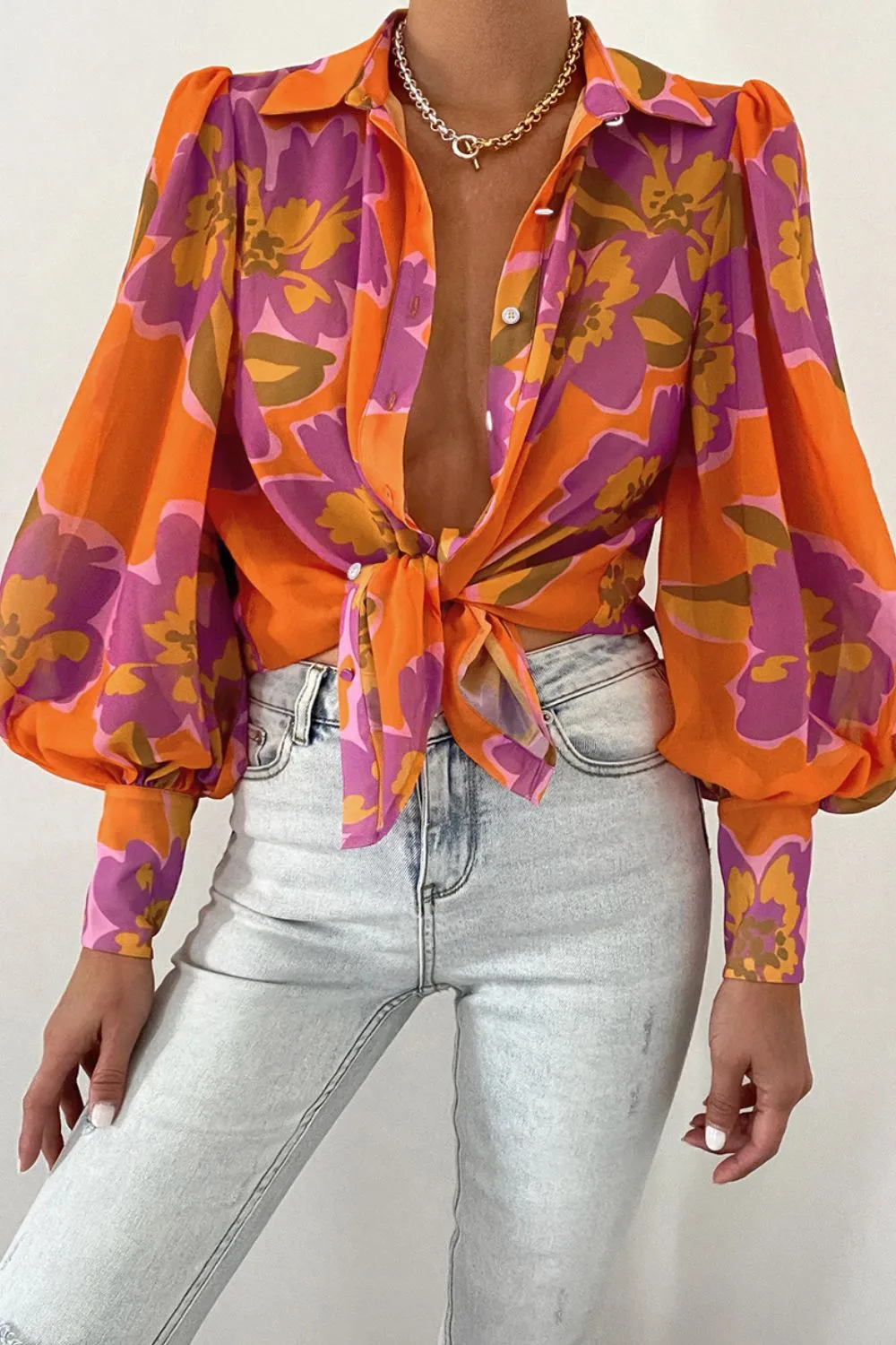 Bohemian Flower Print Collared Neck Lantern Sleeve Shirt
