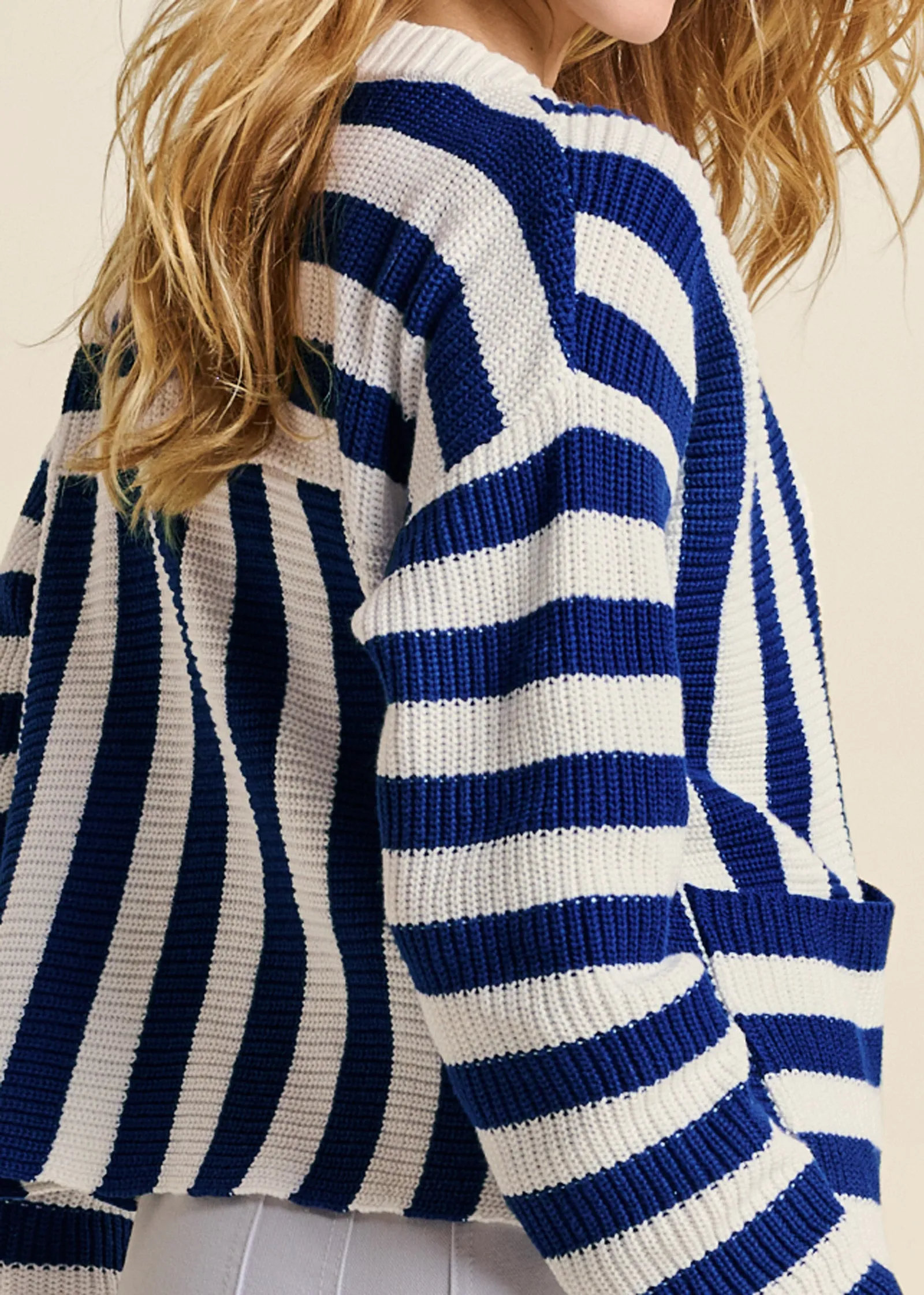 Cable Knit Striped Cardigan - Blue Multi
