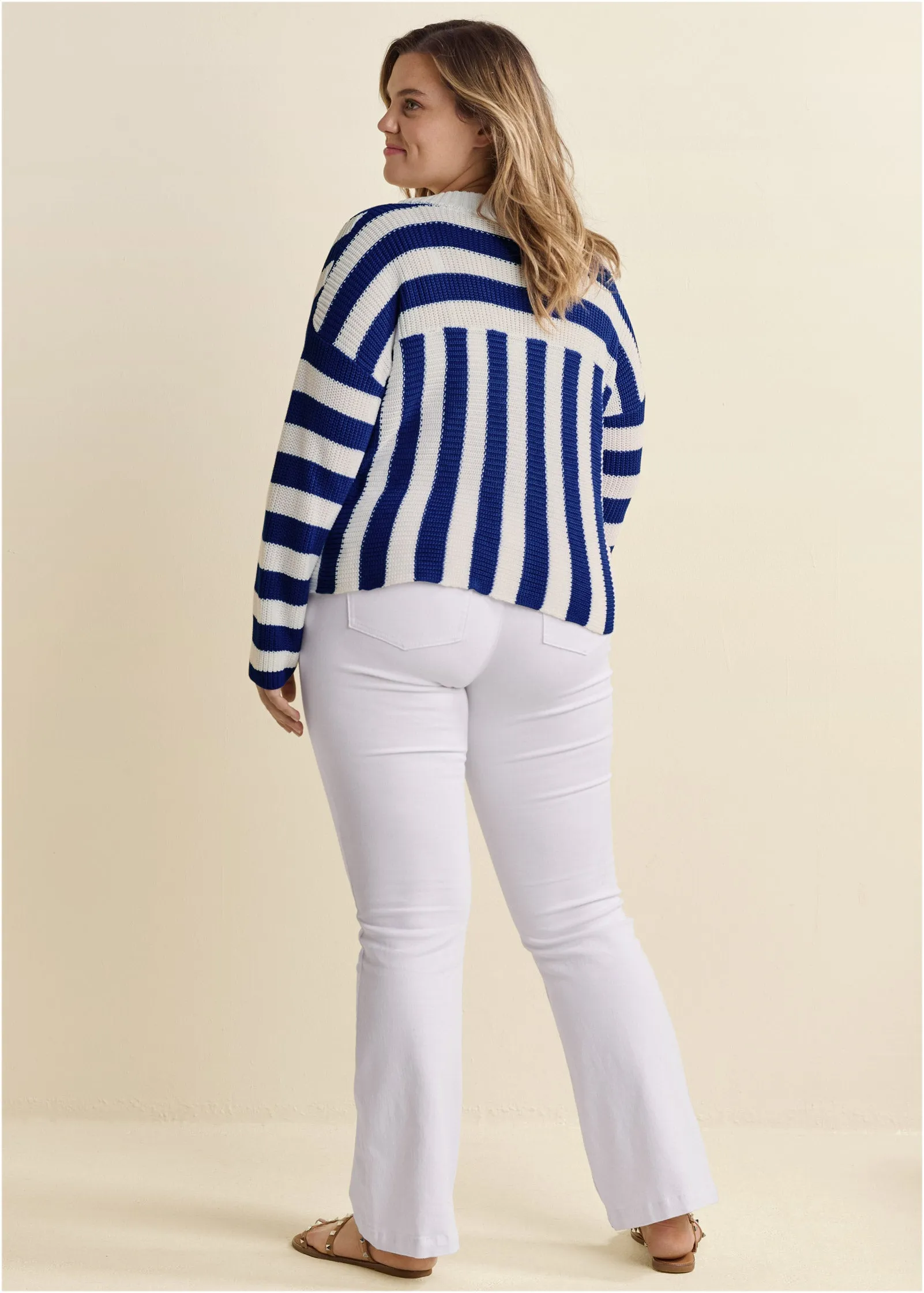 Cable Knit Striped Cardigan - Blue Multi