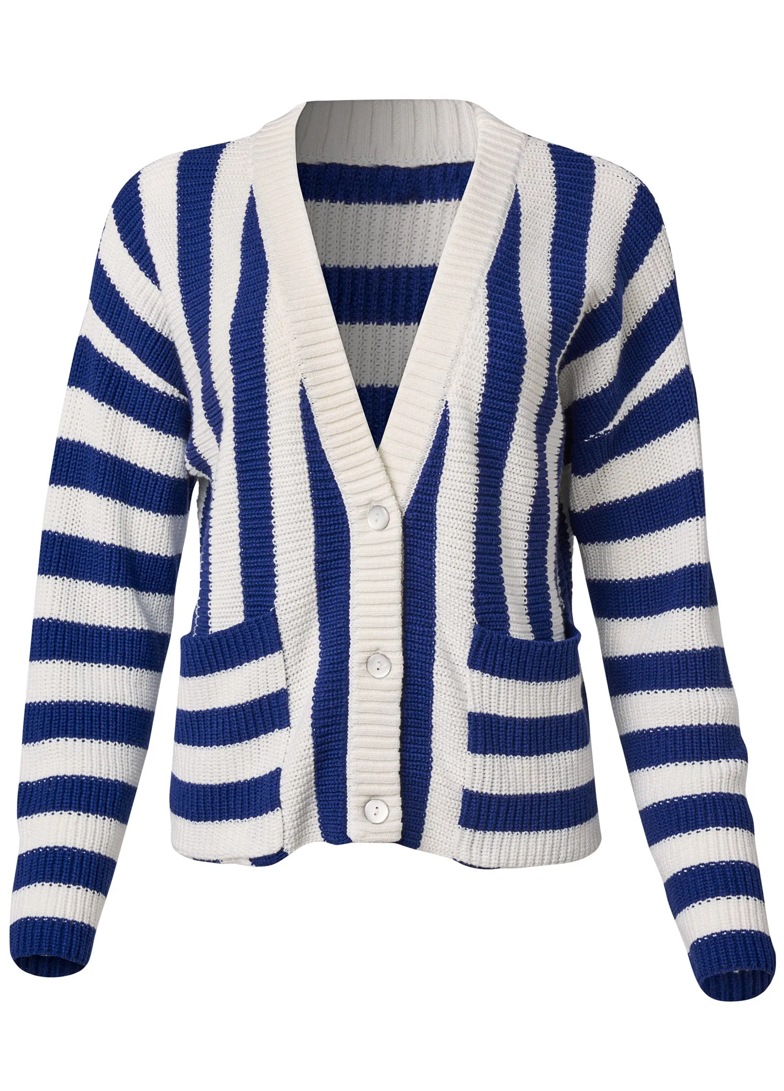 Cable Knit Striped Cardigan - Blue Multi