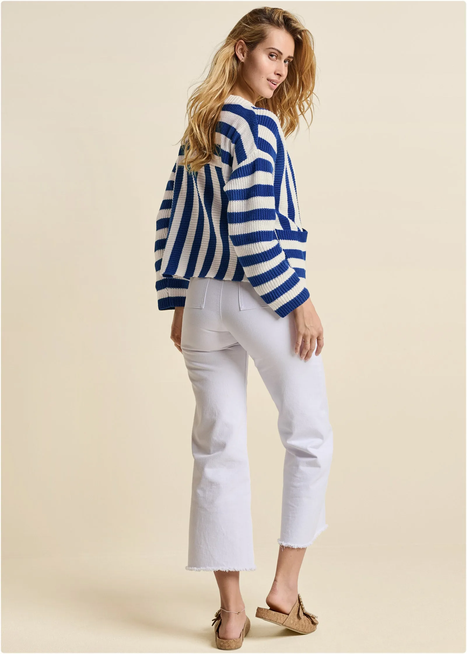Cable Knit Striped Cardigan - Blue Multi
