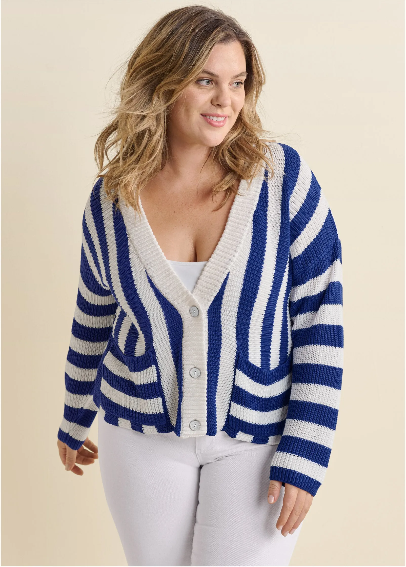 Cable Knit Striped Cardigan - Blue Multi