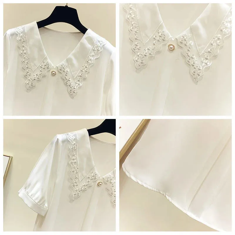 Chiffon Style Short Sleeve & Peter Pan Collar Blouse