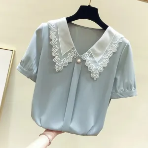 Chiffon Style Short Sleeve & Peter Pan Collar Blouse