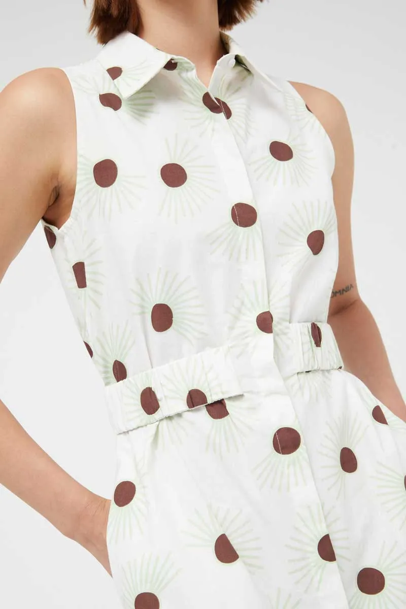 Compania Fantastica Cream Green Sun Floral Midi Sleeveless Shirt Dress