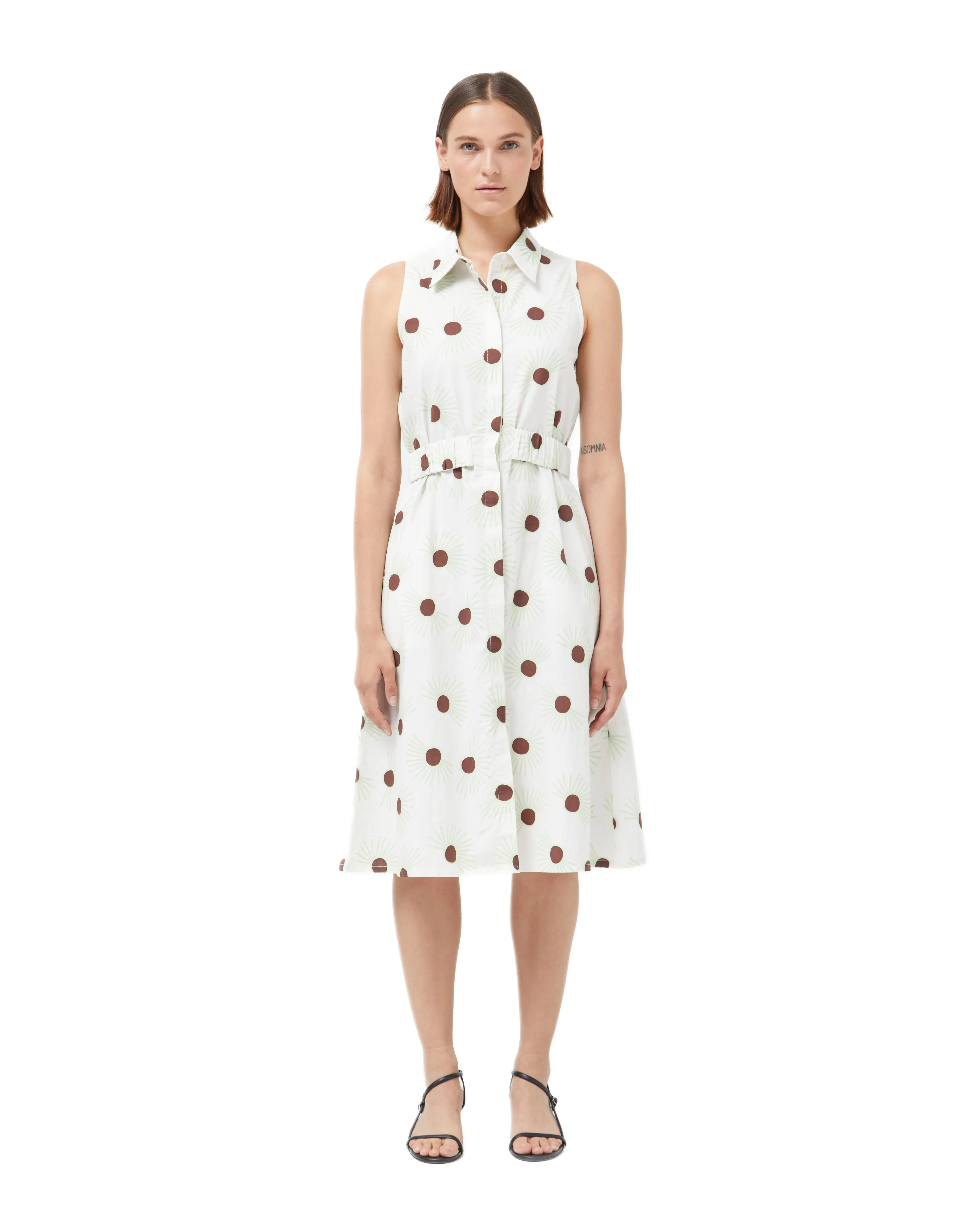 Compania Fantastica Cream Green Sun Floral Midi Sleeveless Shirt Dress