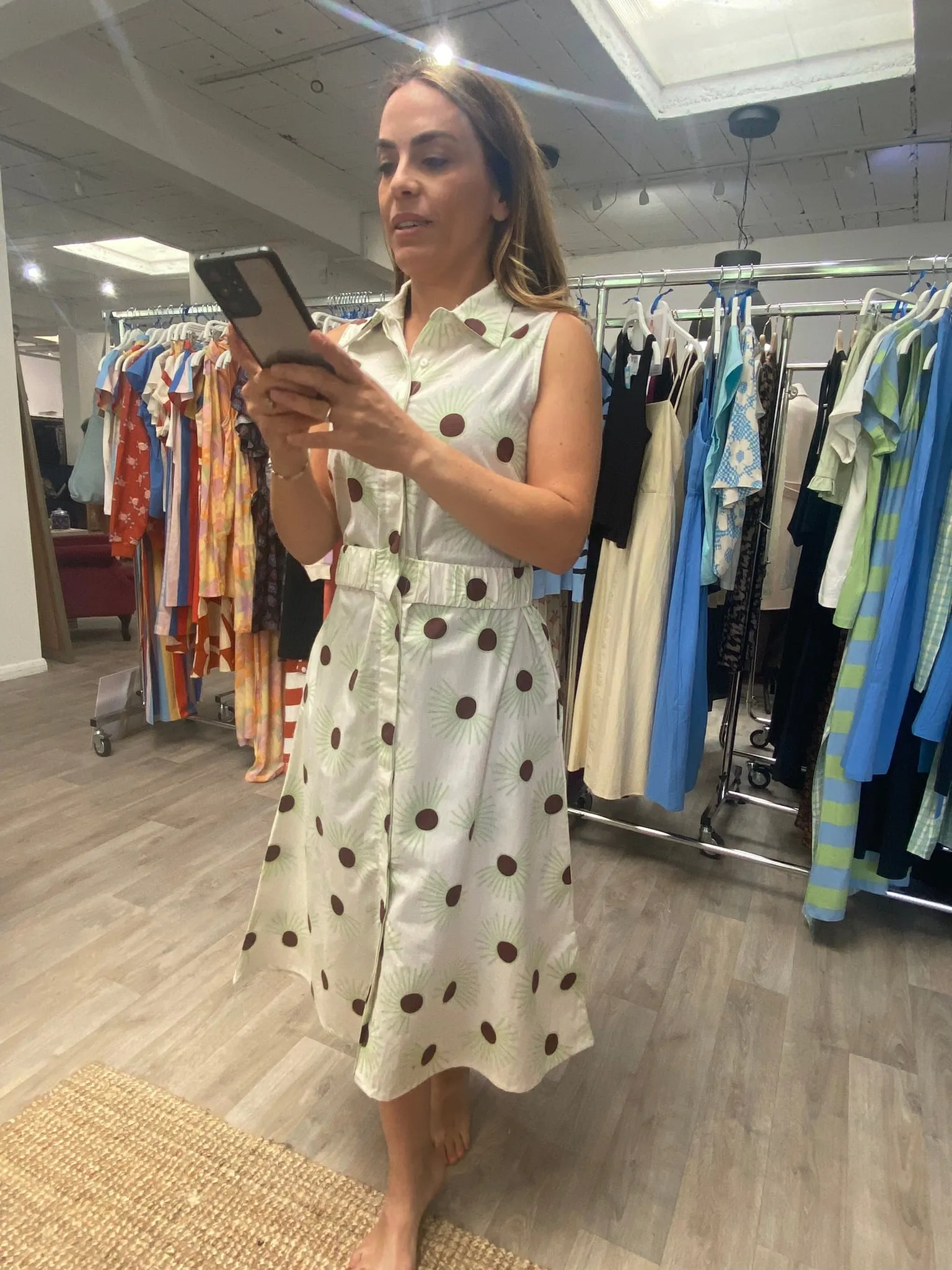 Compania Fantastica Cream Green Sun Floral Midi Sleeveless Shirt Dress