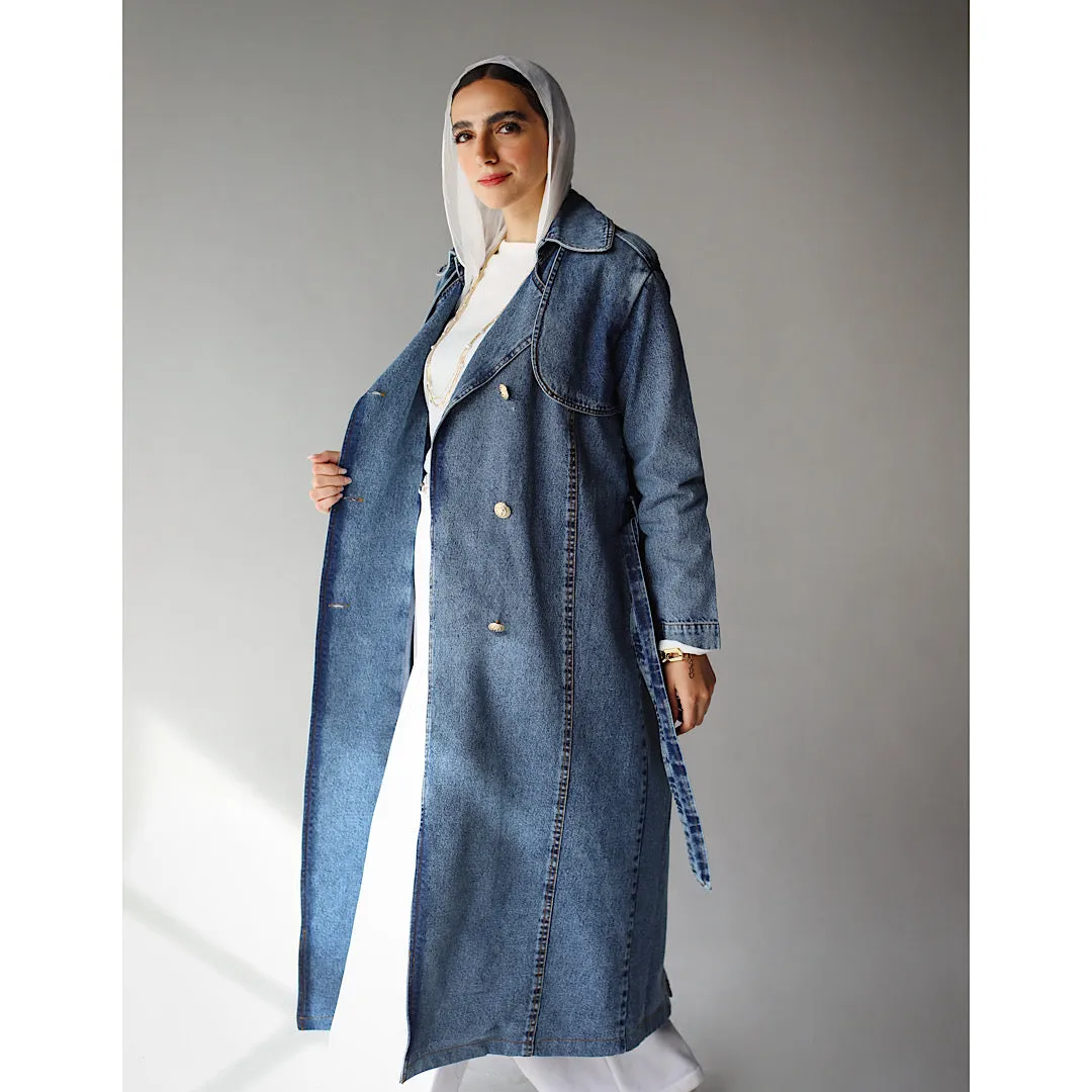 Denim buttoned trench coat