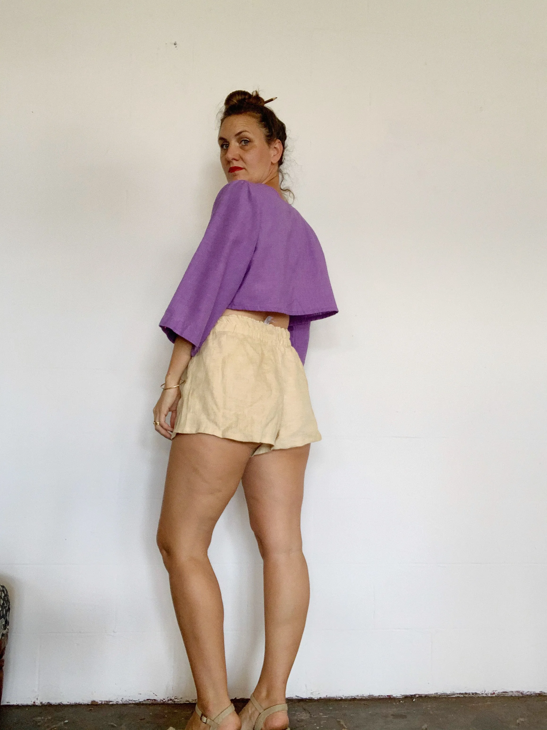 elastic waist  linen shorties pomegranate dyed