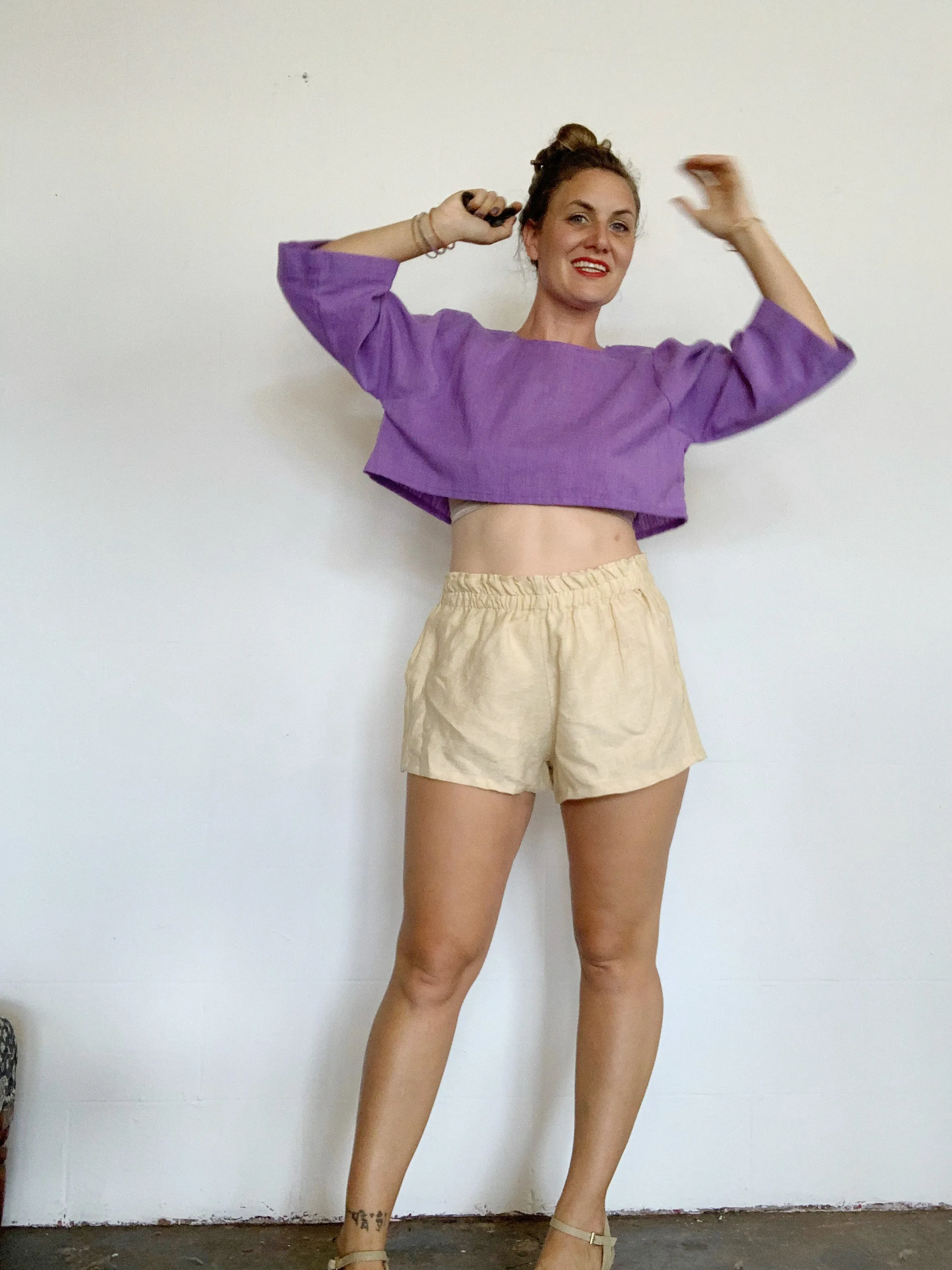 elastic waist  linen shorties pomegranate dyed