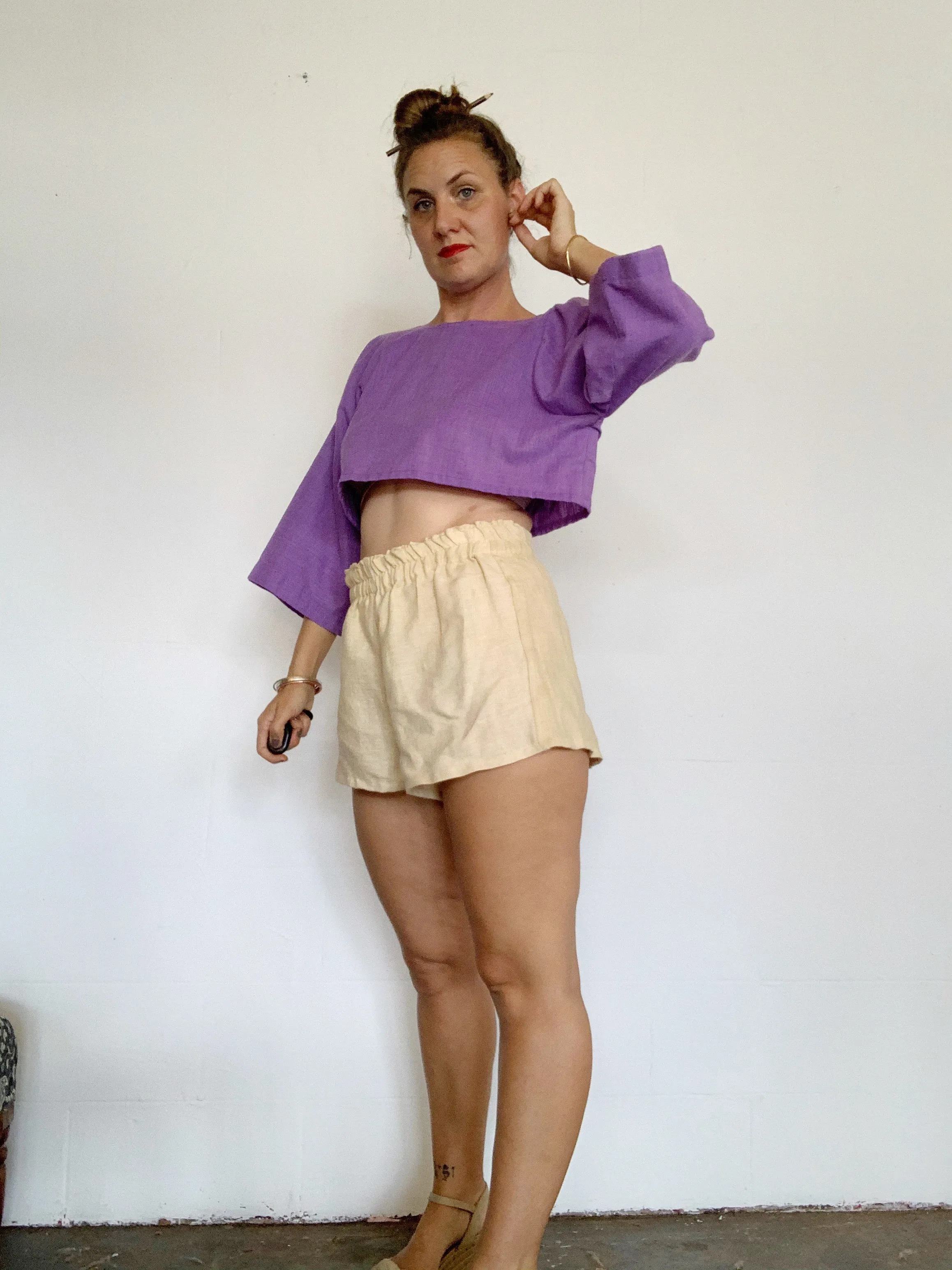 elastic waist  linen shorties pomegranate dyed