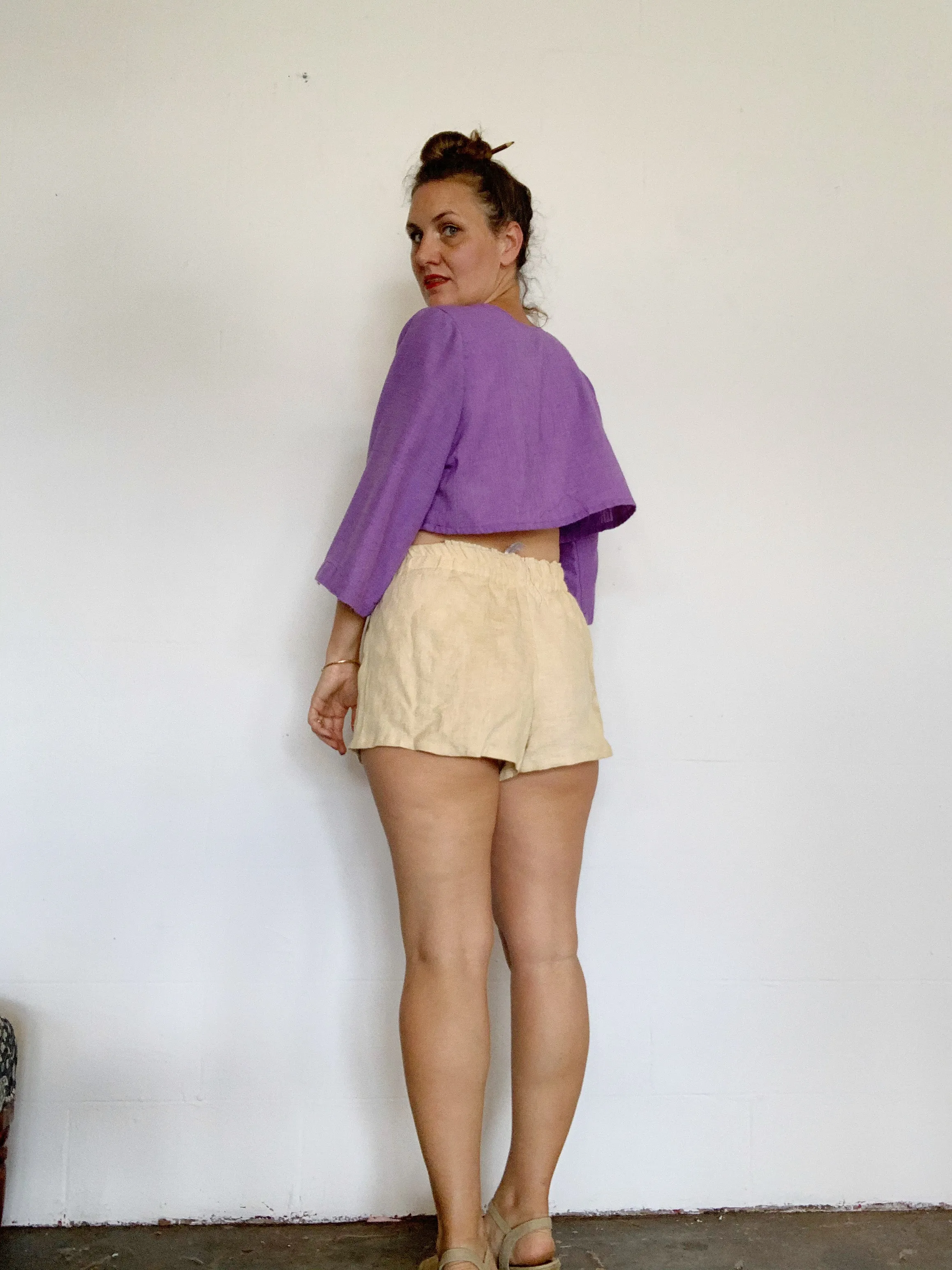 elastic waist  linen shorties pomegranate dyed