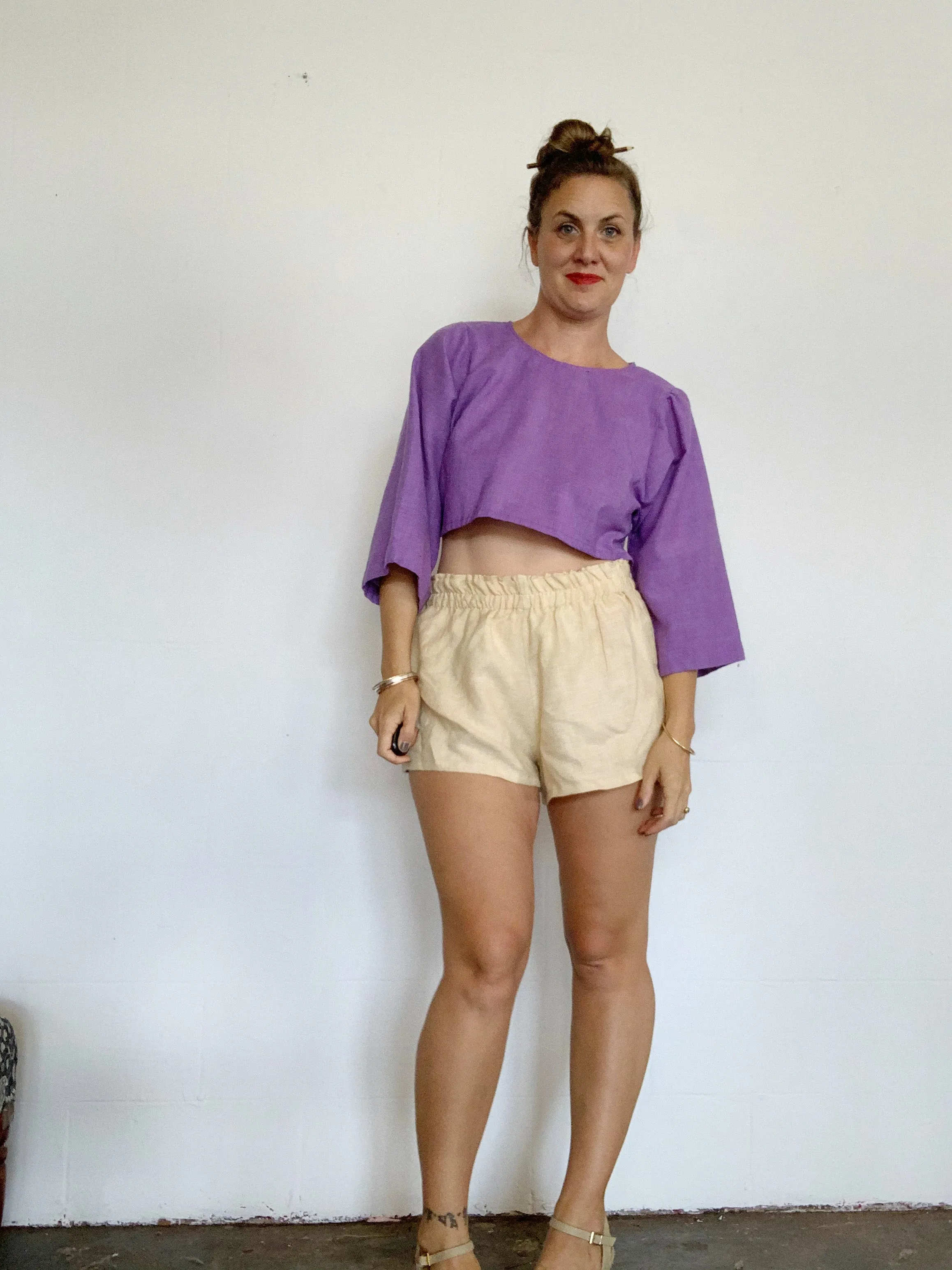 elastic waist  linen shorties pomegranate dyed